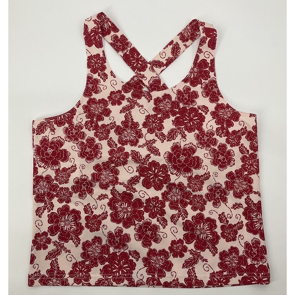 Coldwater Creek Crossback Floral Tank Top Size Small Athleisure w/ Bra Red Cream